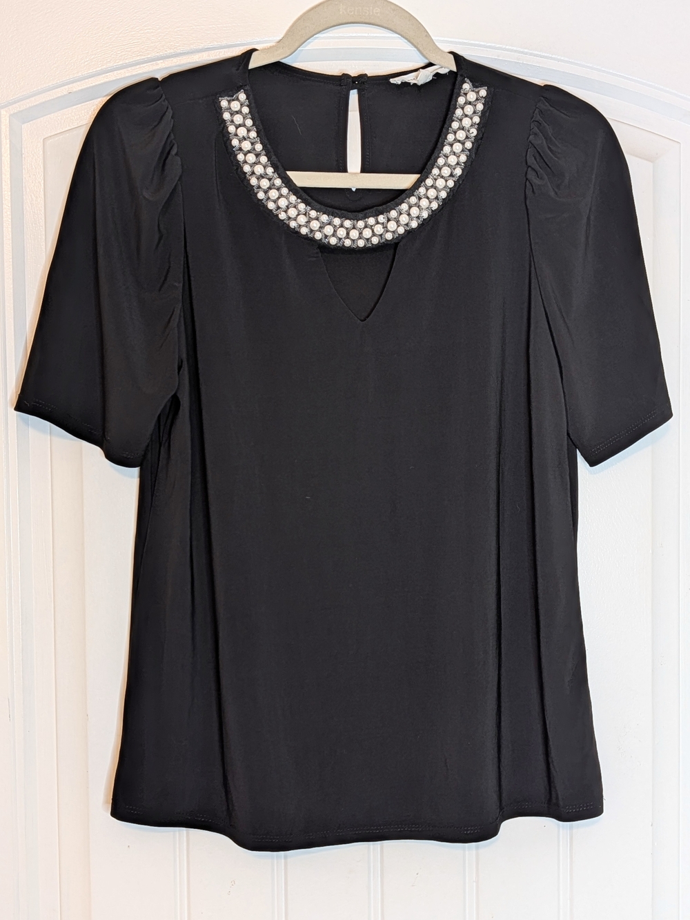 Perseption Concept Black Short Sleeve Faux Pearl Detail Whimsigoth Blouse